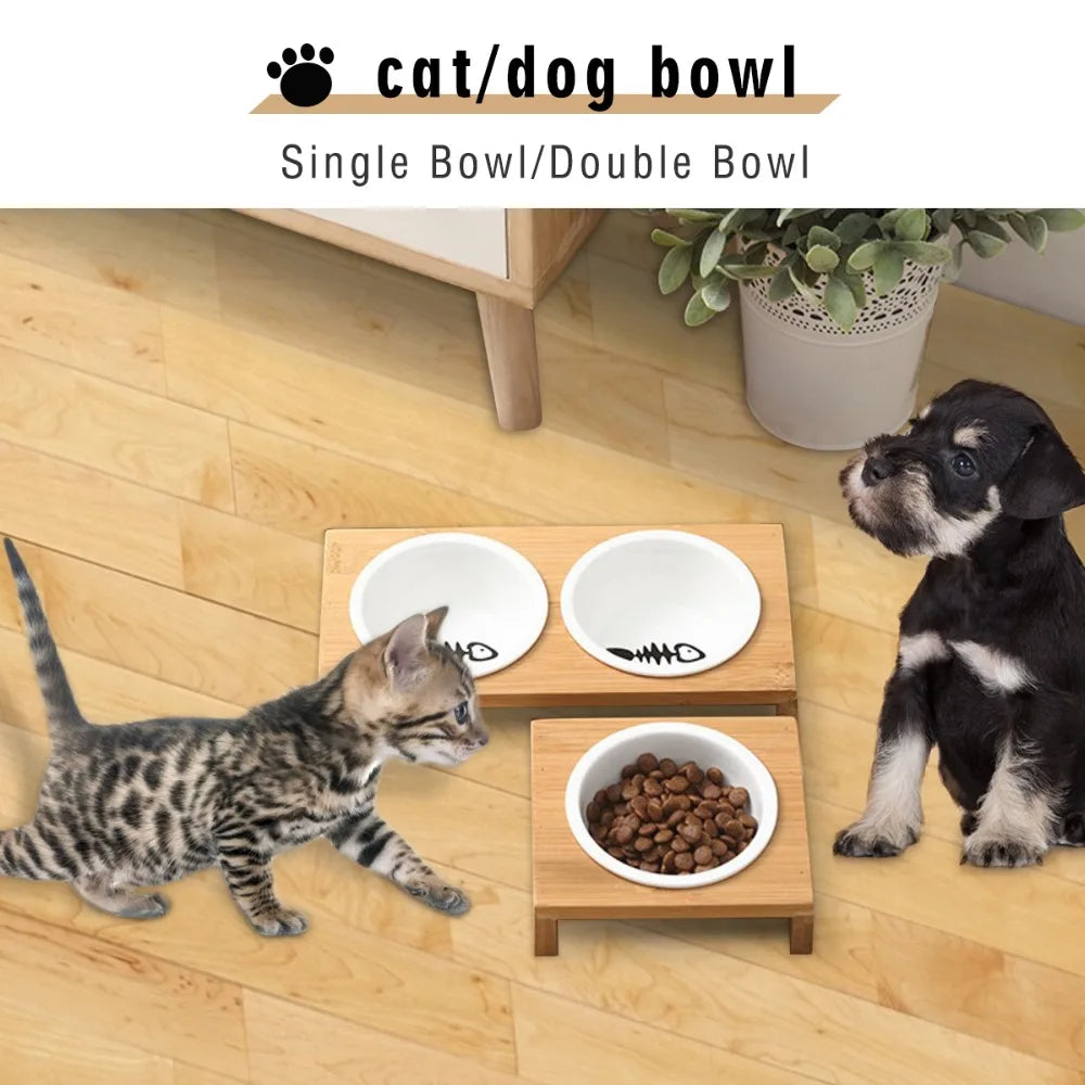 Cat Dog Feeders Bowl Pet Food Water Bowl 1/2 Bowls Ceramic Tableware Bamboo Frame Antiskid Pet Supplies Dog Cat Feeding Bowl