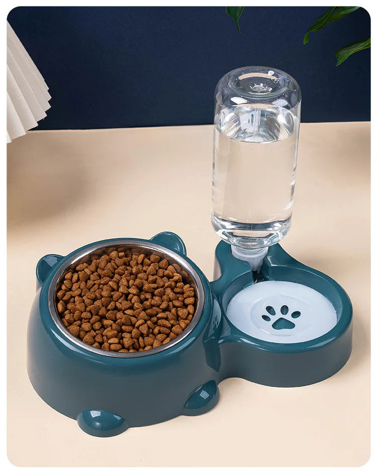 Pet Bowl 2-in-1 Auto Water Feeder, Tilted Elevated Cat Dog Bowl for Food & Water, Anti-Choking Slow Feeder Dish for Pets