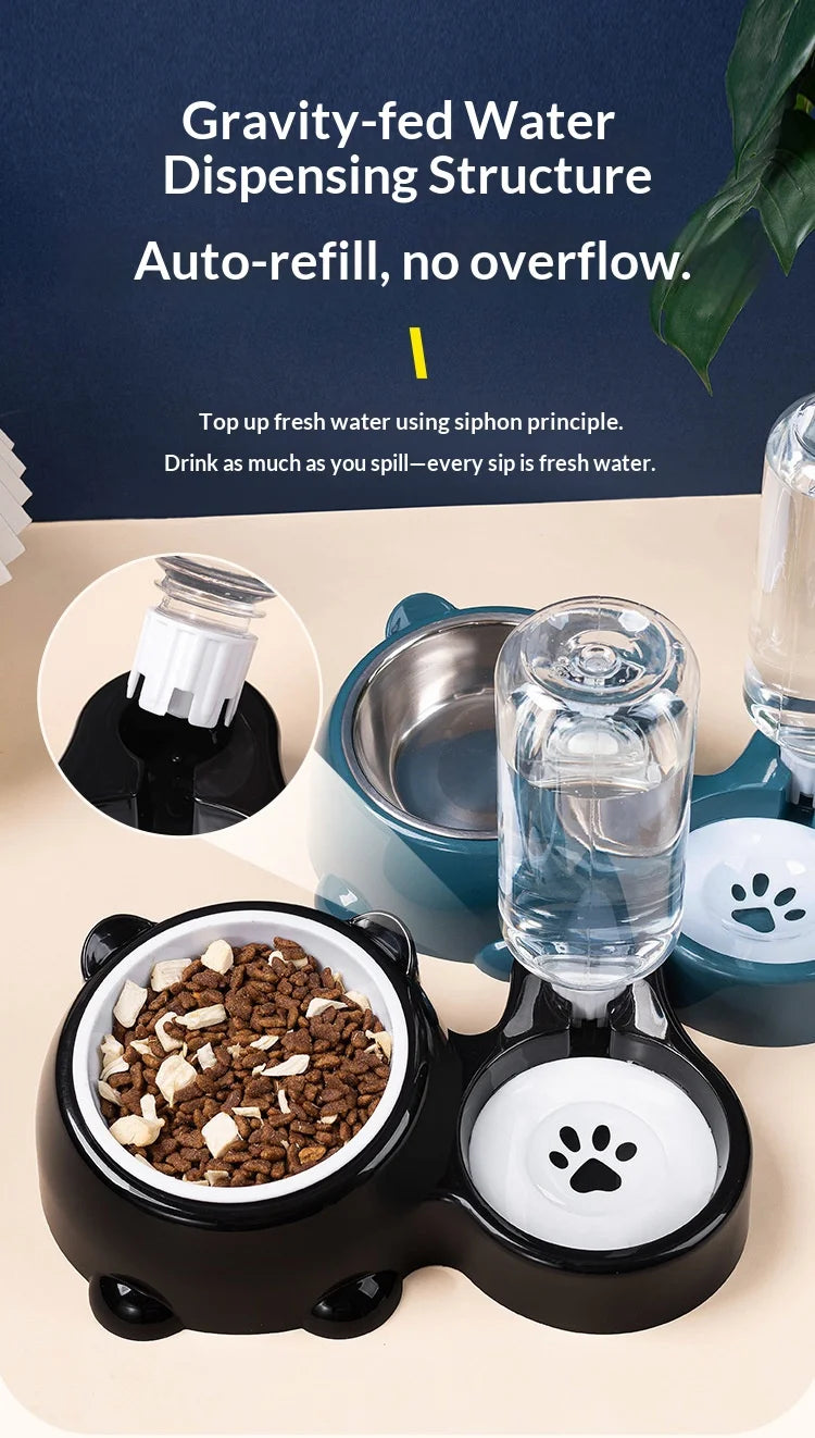 Pet Bowl 2-in-1 Auto Water Feeder, Tilted Elevated Cat Dog Bowl for Food & Water, Anti-Choking Slow Feeder Dish for Pets