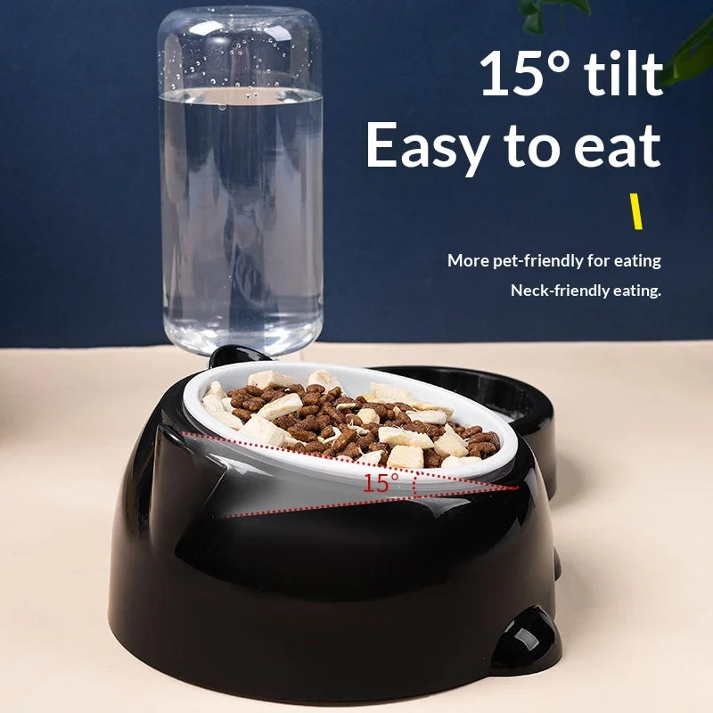 Pet Bowl 2-in-1 Auto Water Feeder, Tilted Elevated Cat Dog Bowl for Food & Water, Anti-Choking Slow Feeder Dish for Pets