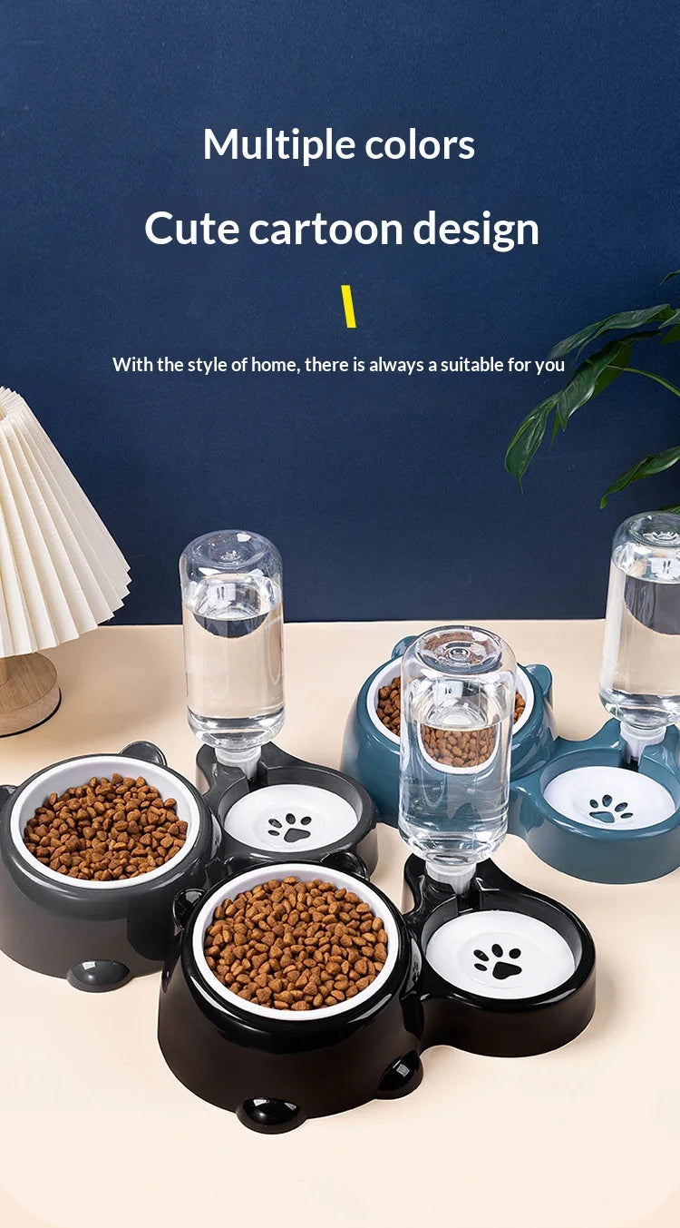 Pet Bowl 2-in-1 Auto Water Feeder, Tilted Elevated Cat Dog Bowl for Food & Water, Anti-Choking Slow Feeder Dish for Pets